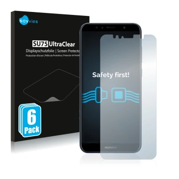 Parte frontal de un envase de producto con el logotipo de la marca Savvies. Al lado se muestra el dispositivo Huawei Y6 2018 c