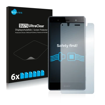 Parte frontal de un envase de producto con el logotipo de la marca Savvies. Al lado se muestra el dispositivo Sony Xperia XZ2 