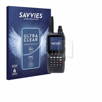 Parte frontal de un envase de producto con el logotipo de la marca Savvies. Al lado se muestra el dispositivo Yaesu FTA-450 co