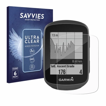 Parte frontal de un envase de producto con el logotipo de la marca Savvies. Al lado se muestra el dispositivo Garmin Edge 130 