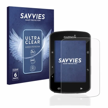 Parte frontal de un envase de producto con el logotipo de la marca Savvies. Al lado se muestra el dispositivo Garmin Edge 520 