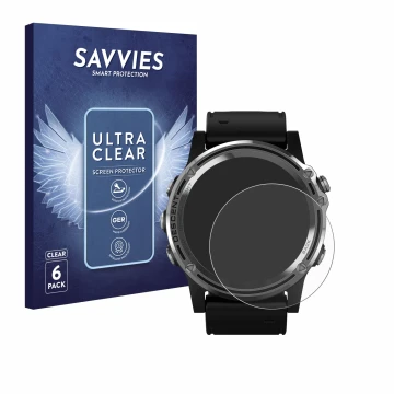 Parte frontal de un envase de producto con el logotipo de la marca Savvies. Al lado se muestra el dispositivo Garmin Descent M