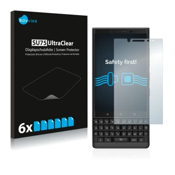 Parte frontal de un envase de producto con el logotipo de la marca Savvies. Al lado se muestra el dispositivo BlackBerry Key2 
