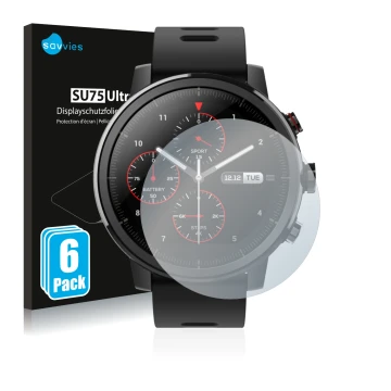 Parte frontal de un envase de producto con el logotipo de la marca Savvies. Al lado se muestra el dispositivo Huami Amazfit St