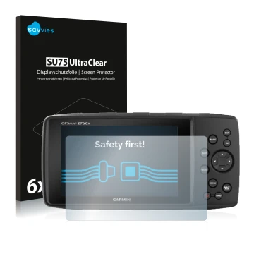 Parte frontal de un envase de producto con el logotipo de la marca Savvies. Al lado se muestra el dispositivo Garmin GPSMAP 27