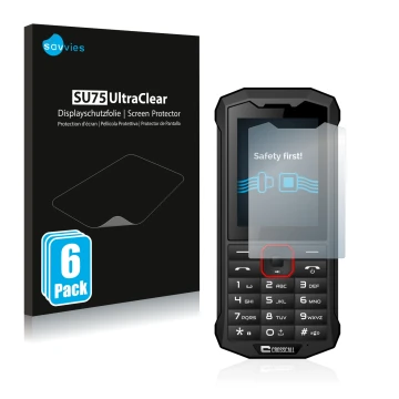 Parte frontal de un envase de producto con el logotipo de la marca Savvies. Al lado se muestra el dispositivo Crosscall Spider