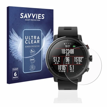 Parte frontal de un envase de producto con el logotipo de la marca Savvies. Al lado se muestra el dispositivo Huami Amazfit St
