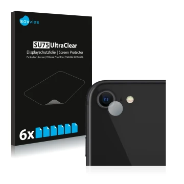 Parte frontal de un envase de producto con el logotipo de la marca Savvies. Al lado se muestra el dispositivo Apple iPhone SE 