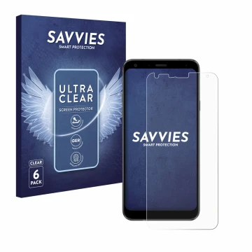 Parte frontal de un envase de producto con el logotipo de la marca Savvies. Al lado se muestra el dispositivo LG Q7 con su pro