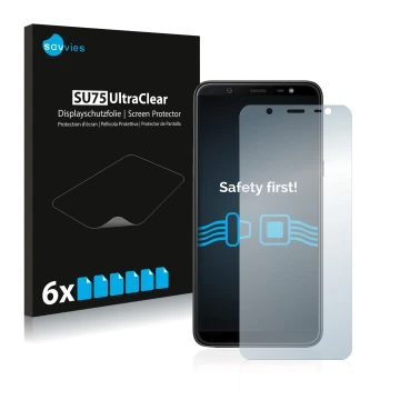 Parte frontal de un envase de producto con el logotipo de la marca Savvies. Al lado se muestra el dispositivo Samsung Galaxy J
