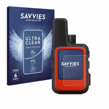 Parte frontal de un envase de producto con el logotipo de la marca Savvies. Al lado se muestra el dispositivo Garmin inReach M