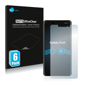 Parte frontal de un envase de producto con el logotipo de la marca Savvies. Al lado se muestra el dispositivo Nokia 6.1 con su