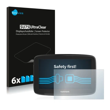 Parte frontal de un envase de producto con el logotipo de la marca Savvies. Al lado se muestra el dispositivo TomTom GO Basic 