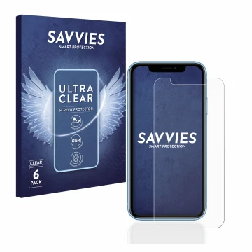 Parte frontal de un envase de producto con el logotipo de la marca Savvies. Al lado se muestra el dispositivo Apple iPhone XR 