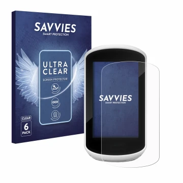 Parte frontal de un envase de producto con el logotipo de la marca Savvies. Al lado se muestra el dispositivo Garmin Edge Expl