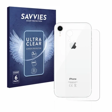 Parte frontal de un envase de producto con el logotipo de la marca Savvies. Al lado se muestra el dispositivo Apple iPhone XR 