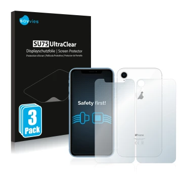 Parte frontal de un envase de producto con el logotipo de la marca Savvies. Al lado se muestra el dispositivo Apple iPhone XR 