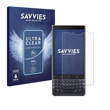 Parte frontal de un envase de producto con el logotipo de la marca Savvies. Al lado se muestra el dispositivo BlackBerry Key2 