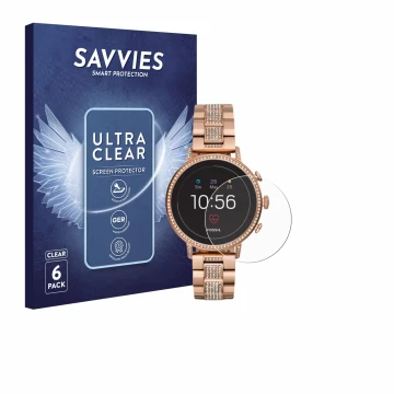 Parte frontal de un envase de producto con el logotipo de la marca Savvies. Al lado se muestra el dispositivo Fossil Q Venture