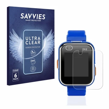Parte frontal de un envase de producto con el logotipo de la marca Savvies. Al lado se muestra el dispositivo Vtech Kidizoom S