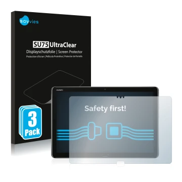 Parte frontal de un envase de producto con el logotipo de la marca Savvies. Al lado se muestra el dispositivo Huawei MediaPad 