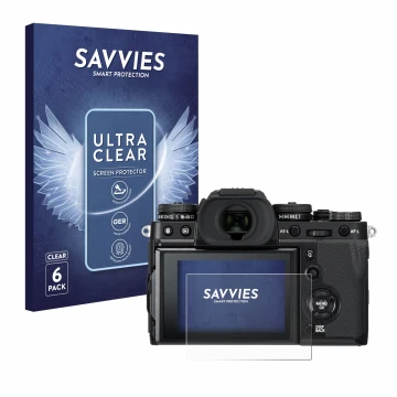 Parte frontal de un envase de producto con el logotipo de la marca Savvies. Al lado se muestra el dispositivo Fujifilm X-T3 co