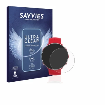 Parte frontal de un envase de producto con el logotipo de la marca Savvies. Al lado se muestra el dispositivo Polar Vantage M 