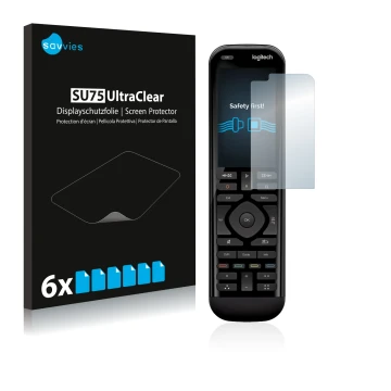 Parte frontal de un envase de producto con el logotipo de la marca Savvies. Al lado se muestra el dispositivo Logitech Harmony