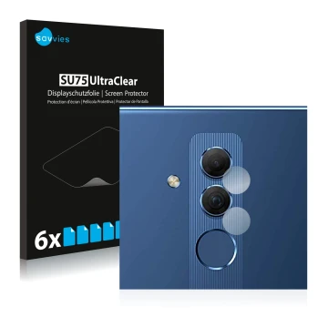 Parte frontal de un envase de producto con el logotipo de la marca Savvies. Al lado se muestra el dispositivo Huawei Mate 20 l