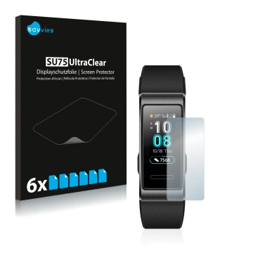 Parte frontal de un envase de producto con el logotipo de la marca Savvies. Al lado se muestra el dispositivo Huawei Band 3 Pr