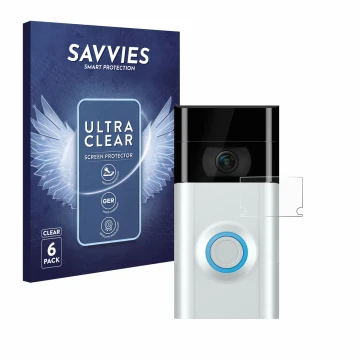 Parte frontal de un envase de producto con el logotipo de la marca Savvies. Al lado se muestra el dispositivo Ring Doorbell 2 