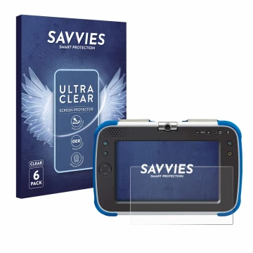 Parte frontal de un envase de producto con el logotipo de la marca Savvies. Al lado se muestra el dispositivo Vtech Storio Max