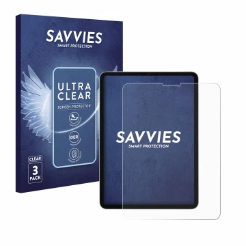 Parte frontal de un envase de producto con el logotipo de la marca Savvies. Al lado se muestra el dispositivo Apple iPad Pro 1