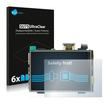 Parte frontal de un envase de producto con el logotipo de la marca Savvies. Al lado se muestra el dispositivo Raspberry Pi Tou