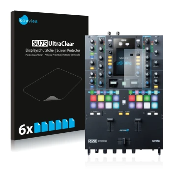 Parte frontal de un envase de producto con el logotipo de la marca Savvies. Al lado se muestra el dispositivo Rane Seventy-Two