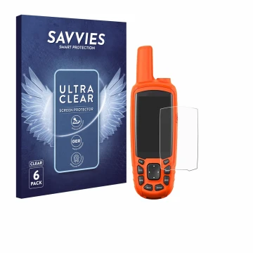 Parte frontal de un envase de producto con el logotipo de la marca Savvies. Al lado se muestra el dispositivo Garmin Astro 430