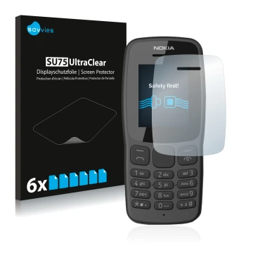 Parte frontal de un envase de producto con el logotipo de la marca Savvies. Al lado se muestra el dispositivo Nokia 106 2018 c