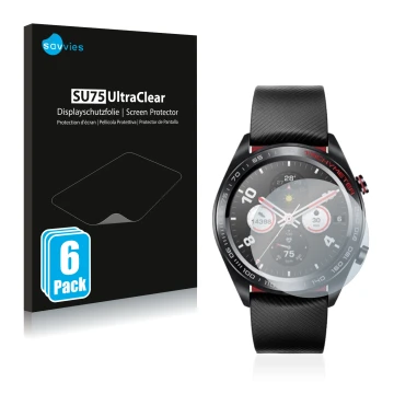 Parte frontal de un envase de producto con el logotipo de la marca Savvies. Al lado se muestra el dispositivo Honor Watch Magi