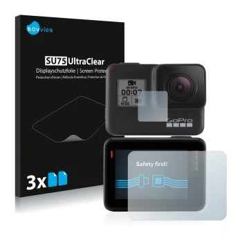 Parte frontal de un envase de producto con el logotipo de la marca Savvies. Al lado se muestra el dispositivo GoPro Hero 7 Bla