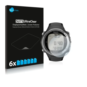 Parte frontal de un envase de producto con el logotipo de la marca Savvies. Al lado se muestra el dispositivo Suunto D4F con s