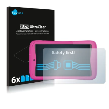 Parte frontal de un envase de producto con el logotipo de la marca Savvies. Al lado se muestra el dispositivo Kurio Connect 7