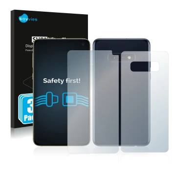 Parte frontal de un envase de producto con el logotipo de la marca Savvies. Al lado se muestra el dispositivo Samsung Galaxy S