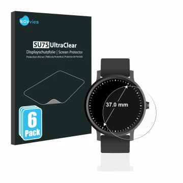 Parte frontal de un envase de producto con el logotipo de la marca Savvies. Al lado se muestra el dispositivo Circular Display