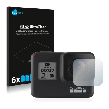 Parte frontal de un envase de producto con el logotipo de la marca Savvies. Al lado se muestra el dispositivo GoPro Hero 7 Bla