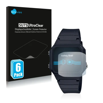 Parte frontal de un envase de producto con el logotipo de la marca Savvies. Al lado se muestra el dispositivo Casio Unisex A16