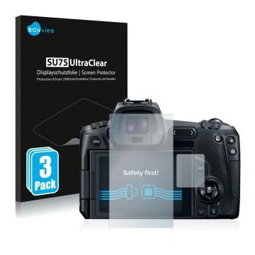 Parte frontal de un envase de producto con el logotipo de la marca Savvies. Al lado se muestra el dispositivo Canon EOS R con 