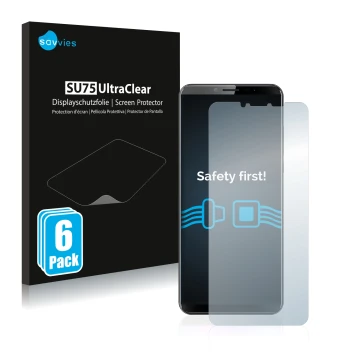 Parte frontal de un envase de producto con el logotipo de la marca Savvies. Al lado se muestra el dispositivo Cubot X19 con su