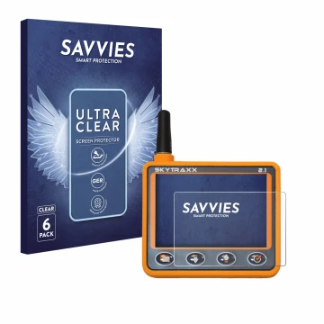 Parte frontal de un envase de producto con el logotipo de la marca Savvies. Al lado se muestra el dispositivo Skytraxx 2.1 Var