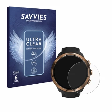 Parte frontal de un envase de producto con el logotipo de la marca Savvies. Al lado se muestra el dispositivo Suunto 9 Baro co