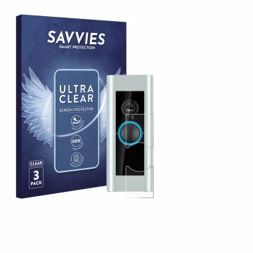 Parte frontal de un envase de producto con el logotipo de la marca Savvies. Al lado se muestra el dispositivo Ring Video Doorb